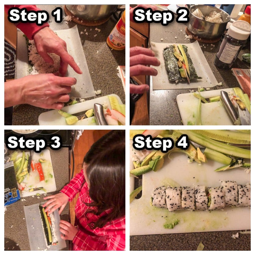 Collage of 4 photos showing how to make California Rolls