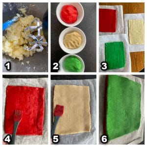 collage of 6 photos showing how to make pinwheel cookies