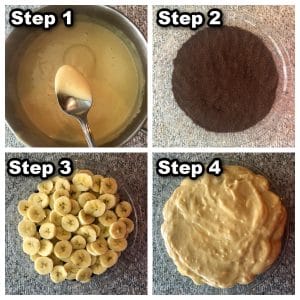 4 photo collage showing how to make healthy old-fashioned banana cream pie