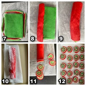 collage of 6 photos showing how to make pinwheel cookies