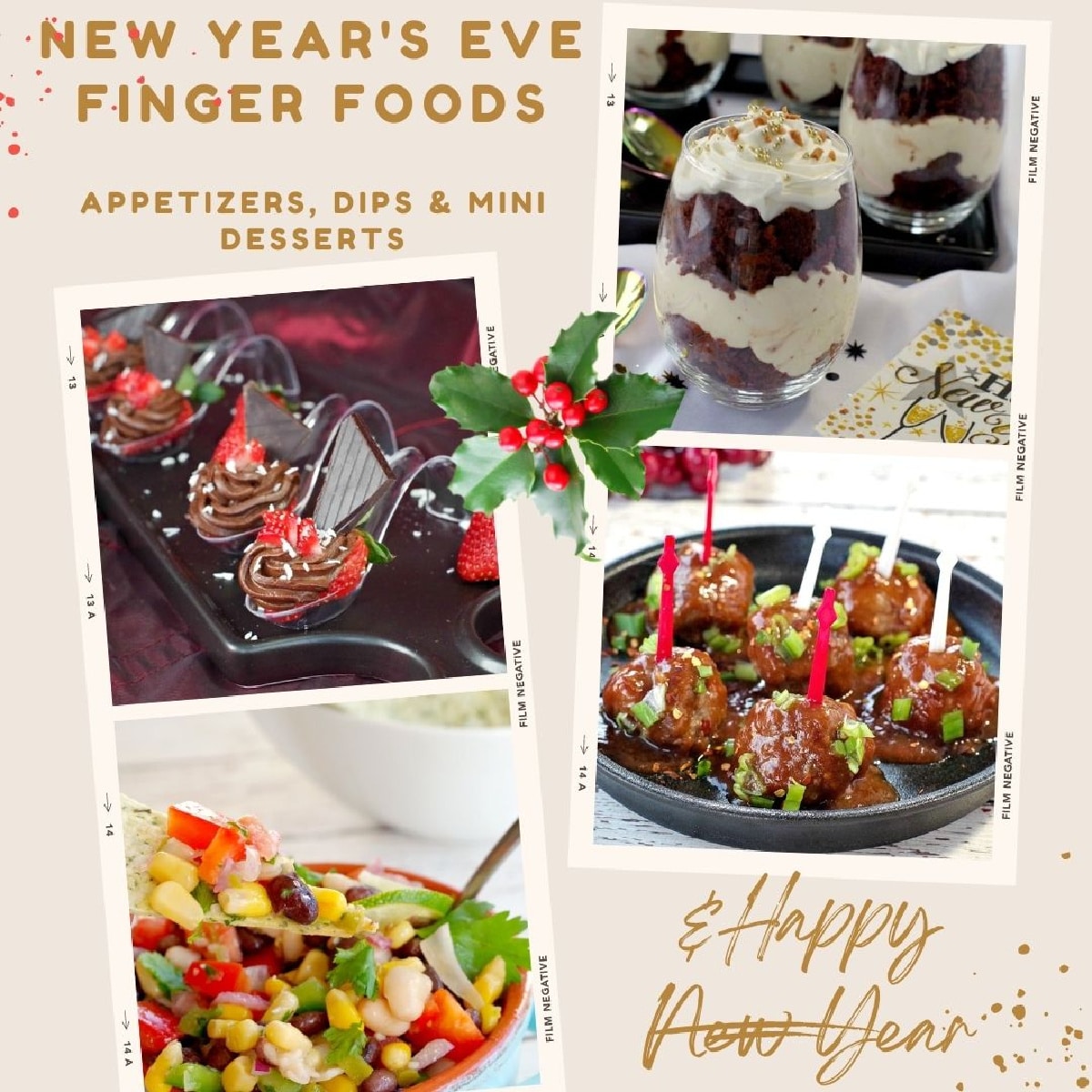 collage of 4 photos of New Year's eve finger food recipes