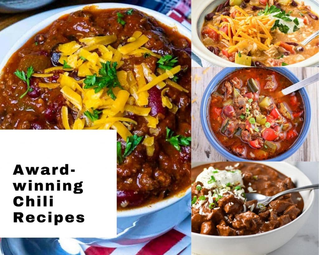 collage of 4 photos of award-winning chili with black text on white background