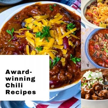 collage of 4 photos of award-winning chili with black text on white background