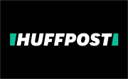 black background with white letters spelling huffpost and green bar on beginning and end of word