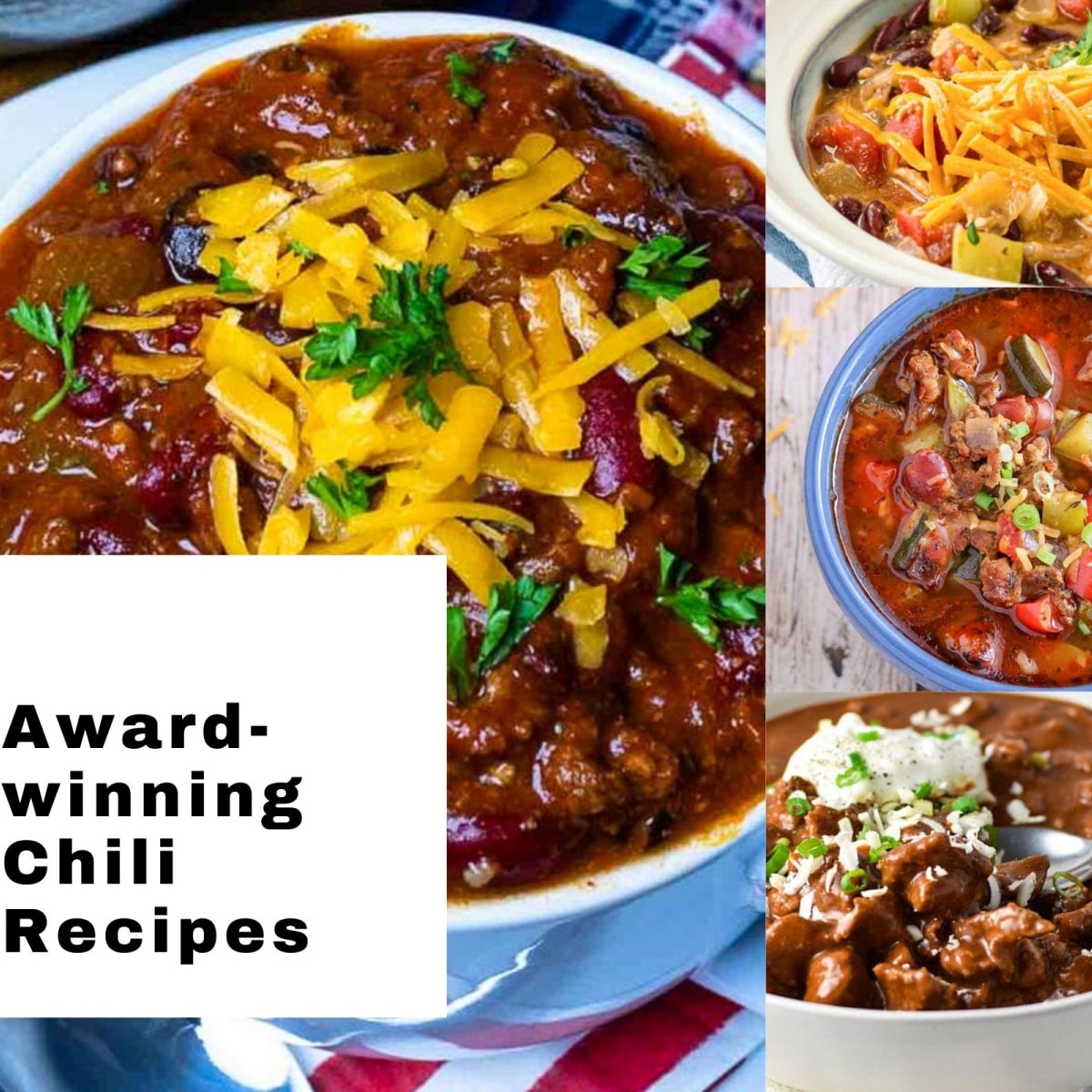 collage of 4 photos of award-winning chili with black text on white background