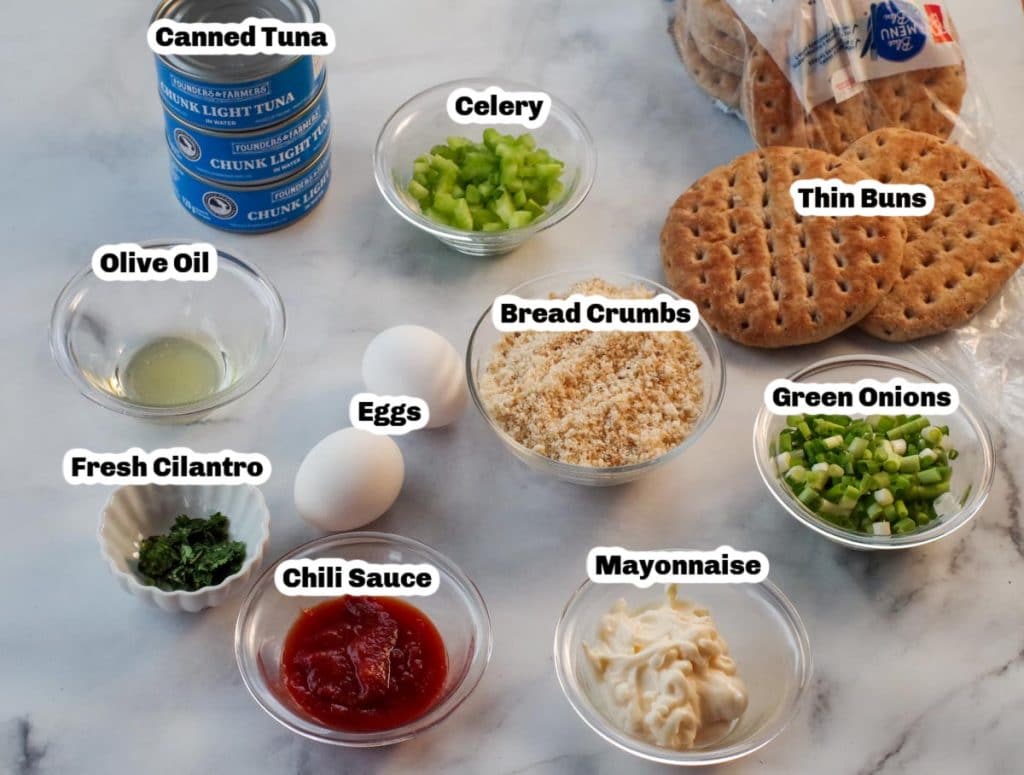 Ingredients in a Tuna Burger in small bowls, labelled.