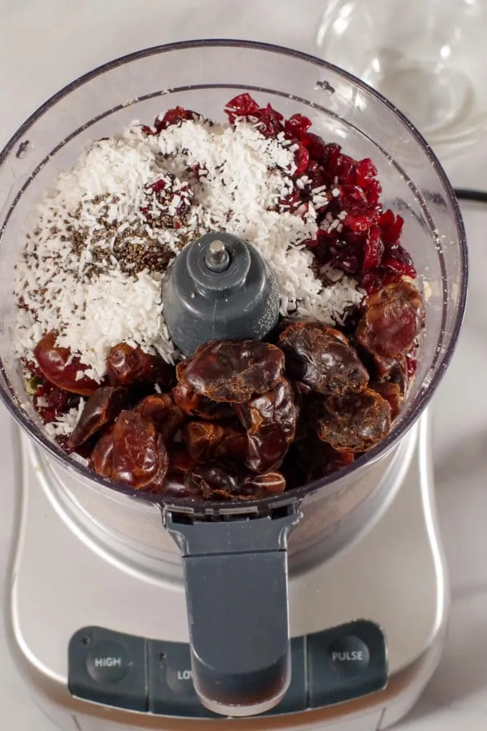 all ingredients for energy bars in food processor