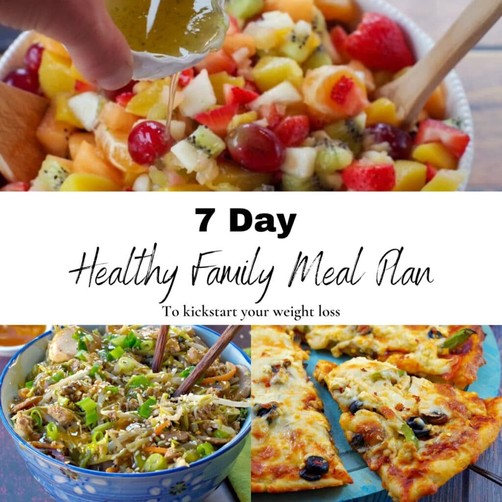 Collage of 3 photos of healthy food for Healthy 7 day family meal plan, with black text on white background in the middle