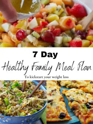 Collage of 3 photos of healthy food for Healthy 7 day family meal plan, with black text on white background in the middle