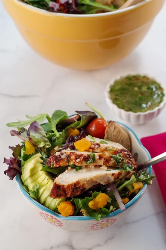 cajun chicken avocado mango salad in a bowl with small dish of dressing in the background