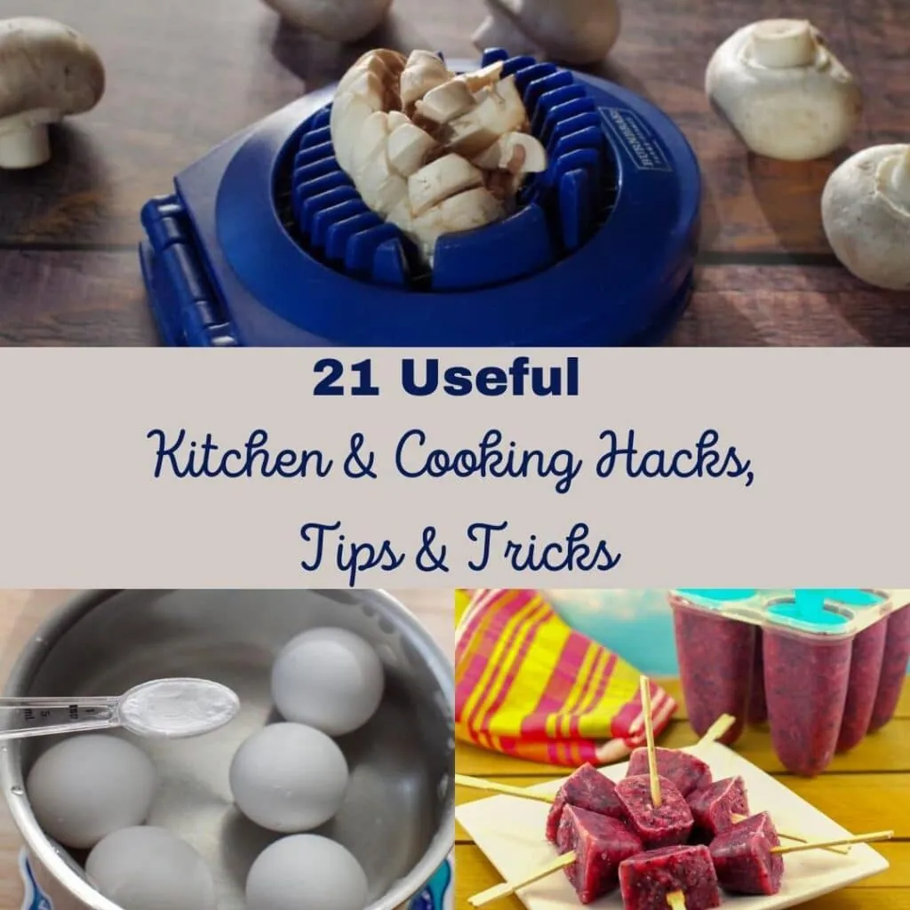 3 photo collage of cooking hacks with text in the middle