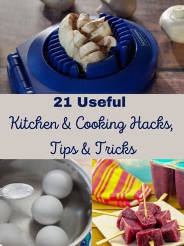 3 photo collage of cooking hacks with text in the middle