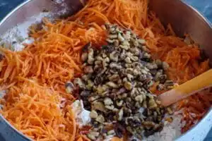 walnuts, carrots and pineapple mixed in with dry ingredients