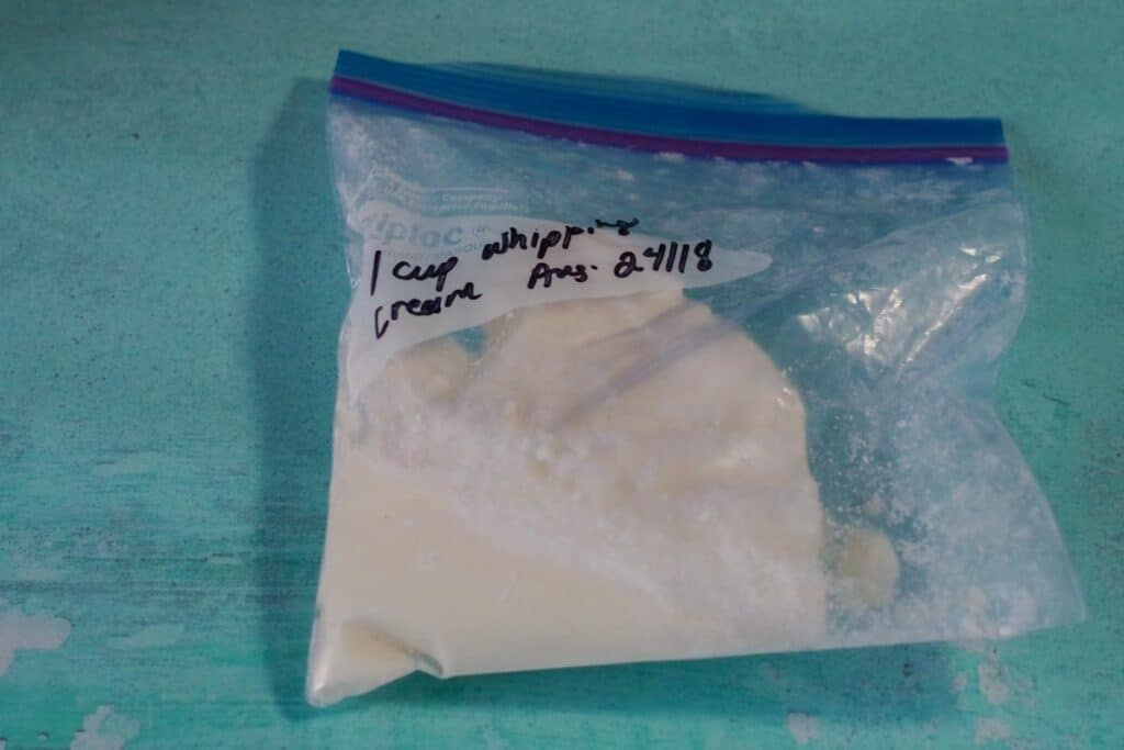 frozen whipping cream in a labelled ziplock bag