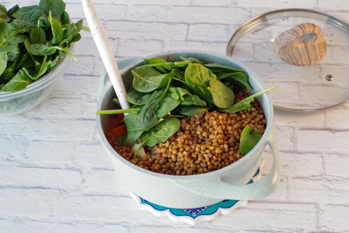 lentils, spinach and sausage added to stew