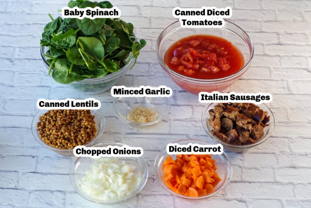 labelled ingredients for lentil and sausage stew