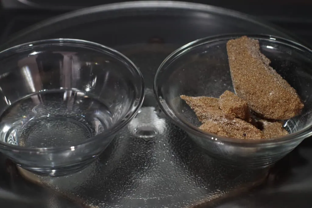 brown sugar in one glass bowl and water in another, in the microwave