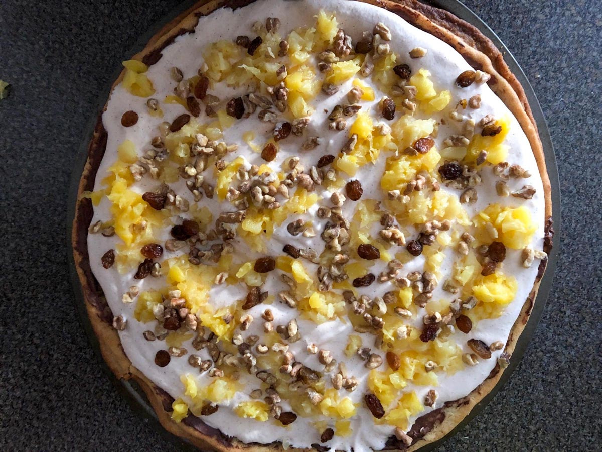 pineapple with walnuts on dessert pizza