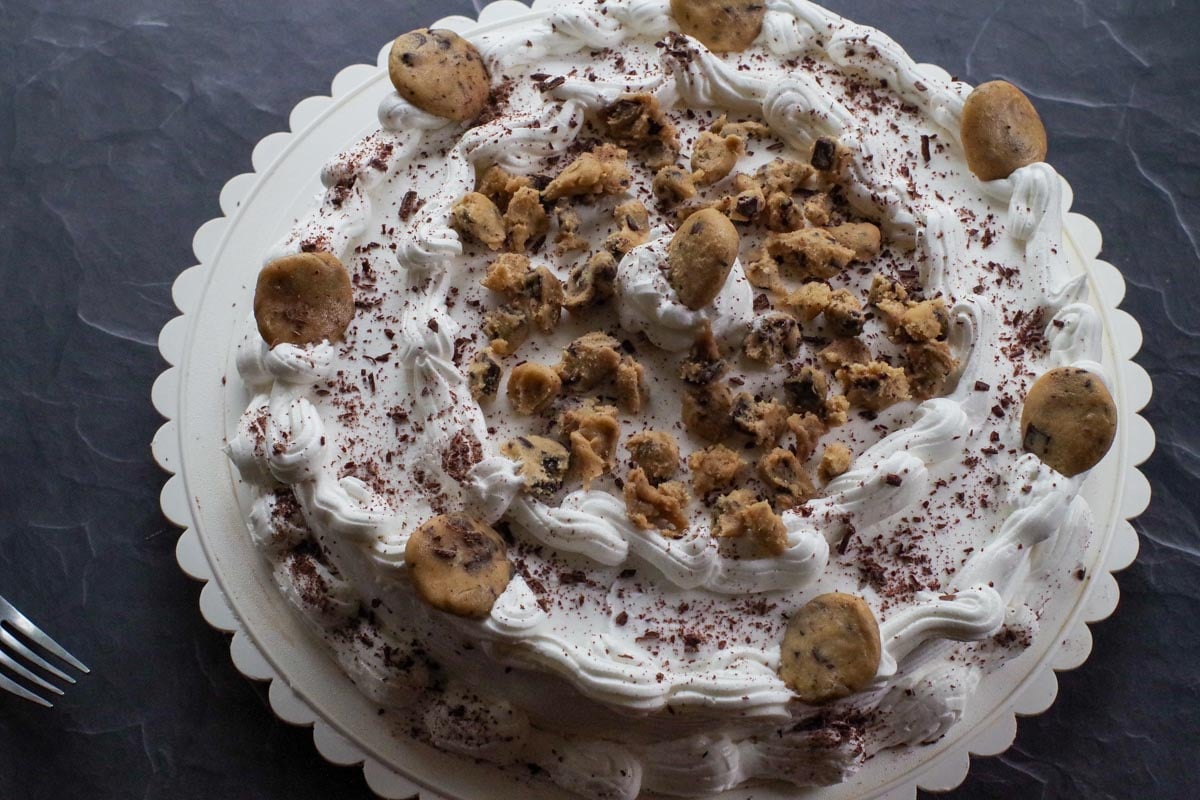 fully decorated cookie dough ice cream cake