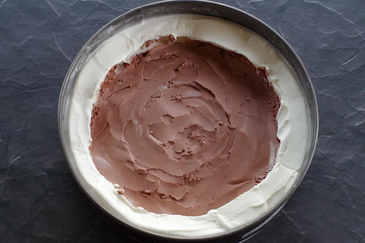 chocolate and vanilla ice cream in a spring form pan