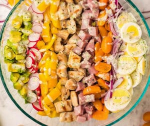 Cobb Salad in a glass bowl