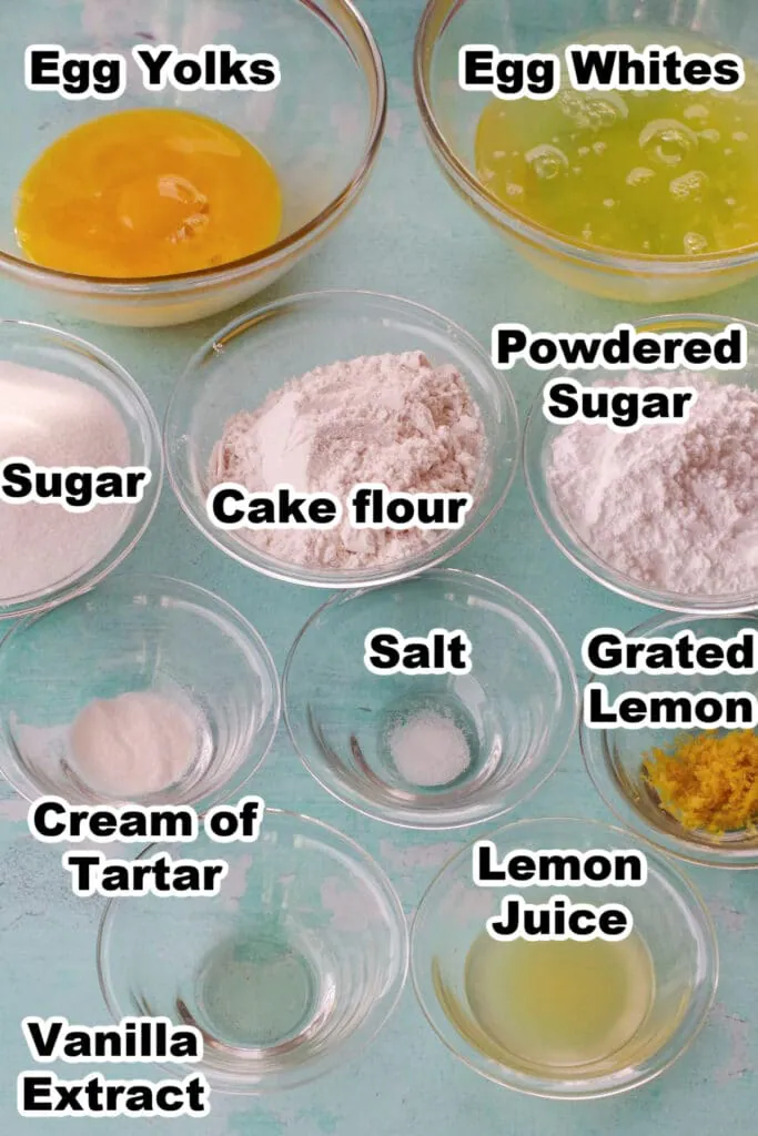 photo of labelled ingredients in daffodil cake
