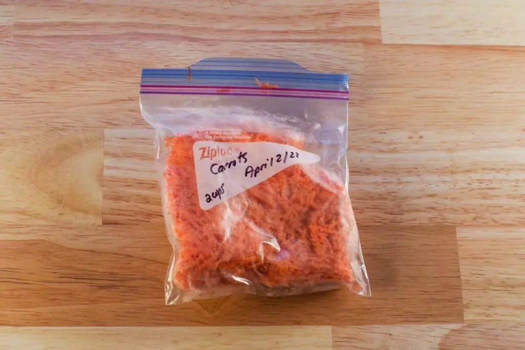 carrots shredded and frozen in Ziplock bag