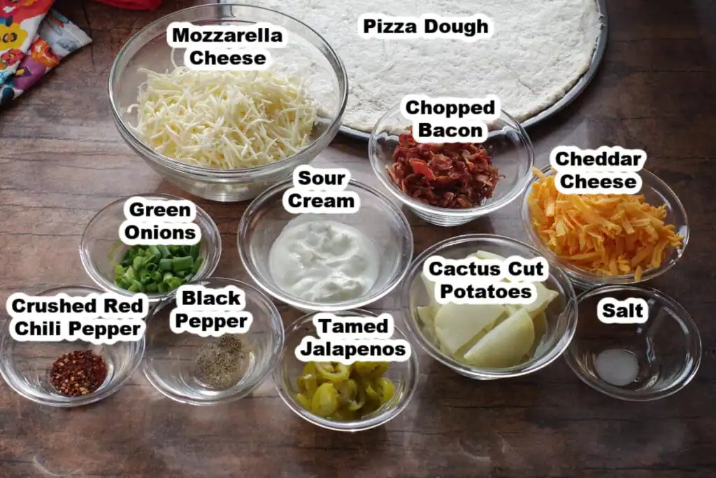 ingredients for perogy pizza in glass bowls (labelled)