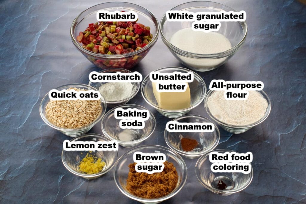 rhubarb square ingredients labelled in bowls