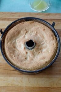 baked angel food cake on cutting board