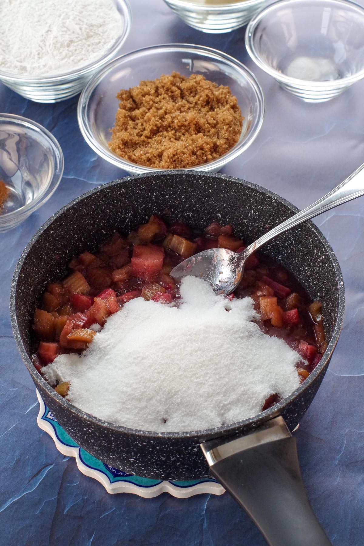 partially cooked rhubarb with sugar and cornstarch