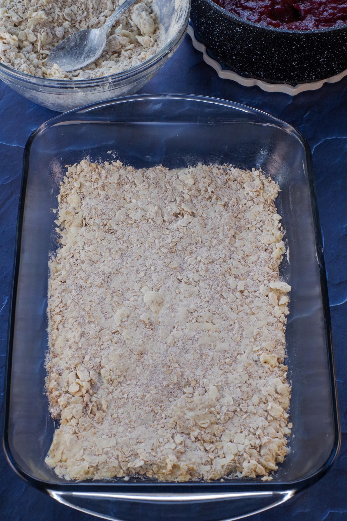 oat mixture (base) pressed into bottom of baking pan