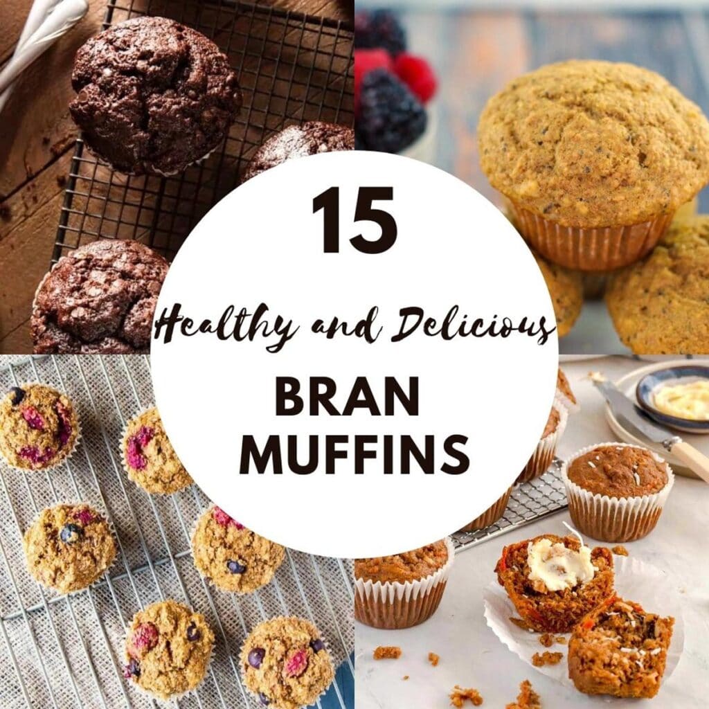 collage of 4 photos of different bran muffins with brown text on white background in the middle