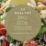 pin with Greek pasta salad in the background and light beige text on darker beige background