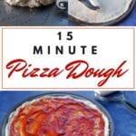 pin with 3 photos of 15 minute pizza dough being made