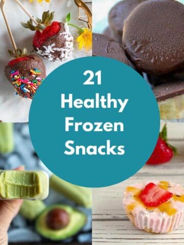 collage of 4 photos of healthy frozen snacks with text in the middle