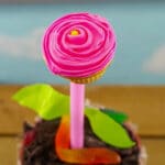 Flower pot cupcake on wooden surface with blue sky background