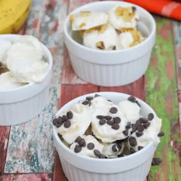 frozen yogurt banana bites in 3 ramekin bowls