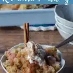 pin with white text on blue background on top and bottom andphoto of rhubarb in a white petal bowl with a cinnamon stick and a whole pan of rhubarb pudding in the background