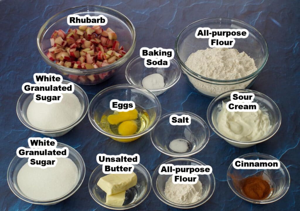 Rhubarb Coffee Cake ingredients in glass dishes, labelled