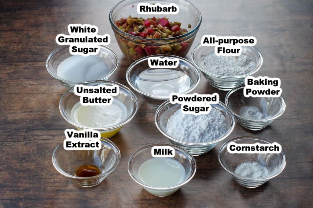 photo of labelled ingredients in rhubarb pudding