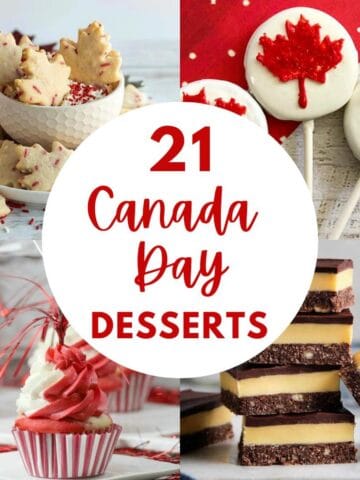 collage of 4 photos of Canada Day desserts with red text on a white circle in the middle