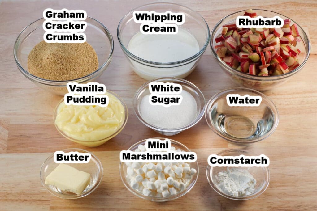 ingredients in rhubarb dessert, in glass bowls, labelled