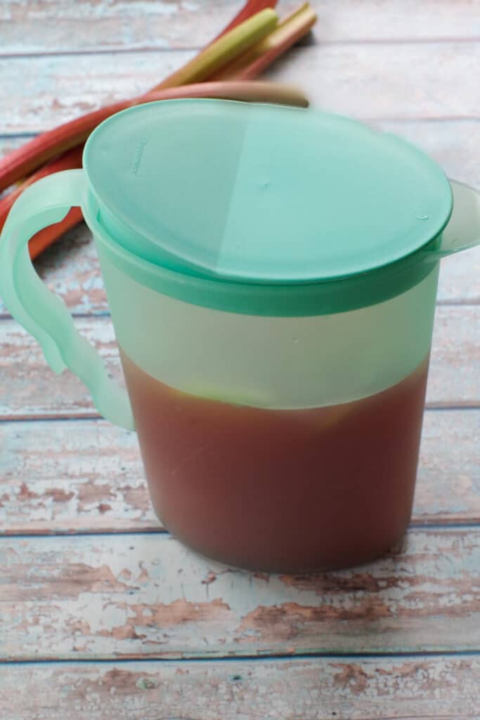 blue jug of leftover rhubarb lemonade