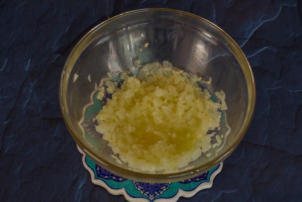 onion, garlic and butter cooked together in glass bowl