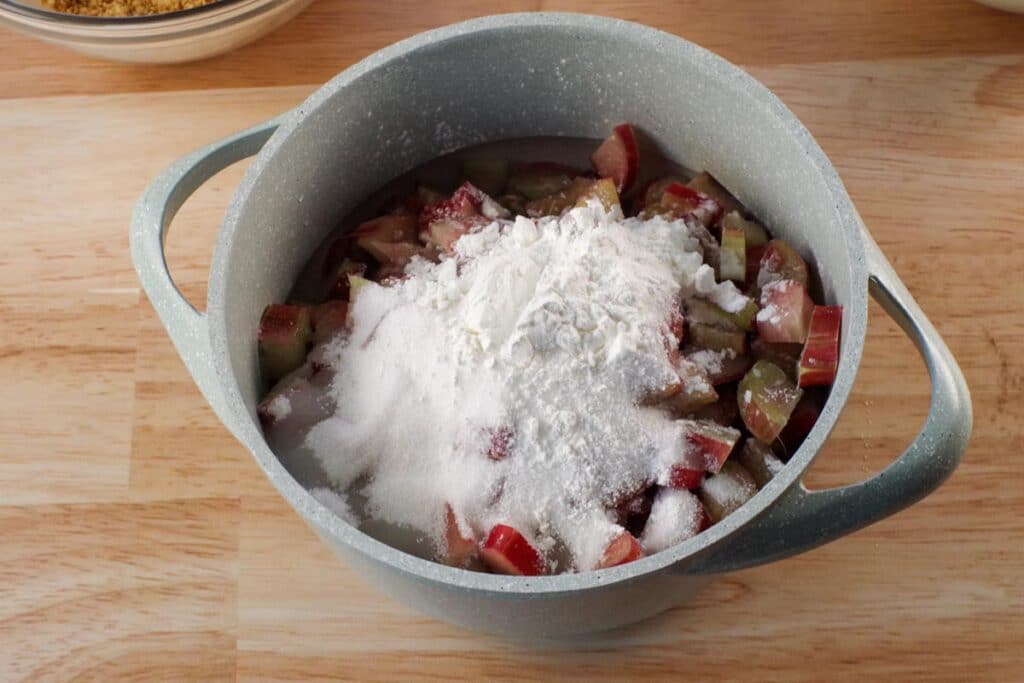 rhubarb, water, sugar and cornstarch in pot