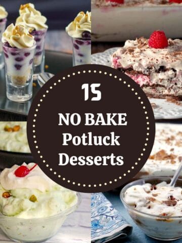 A collage of 4 photos of no bake potluck desserts with white text on a brown surfact