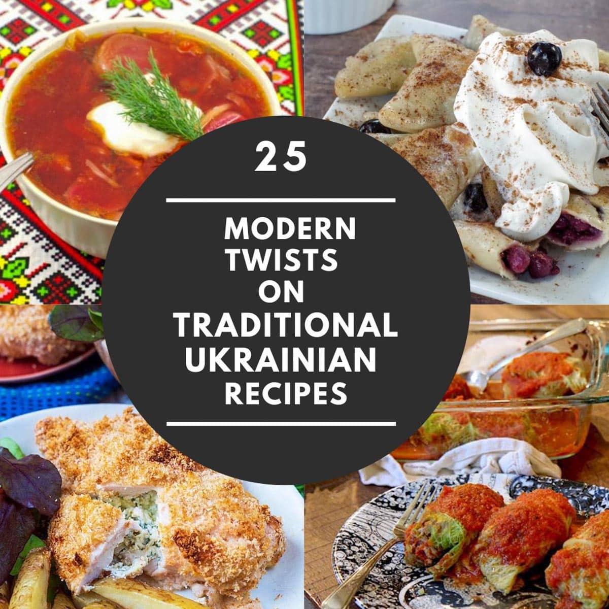 collage of 4 photos o Ukrainian recipes with white text on black circular background (in the middle)