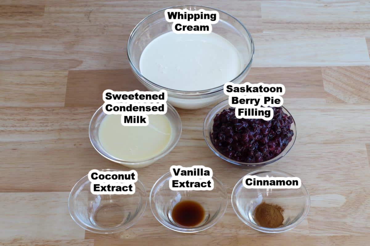 Ingredients for Saskatoon Berry ice cream in glass bowls, labelled