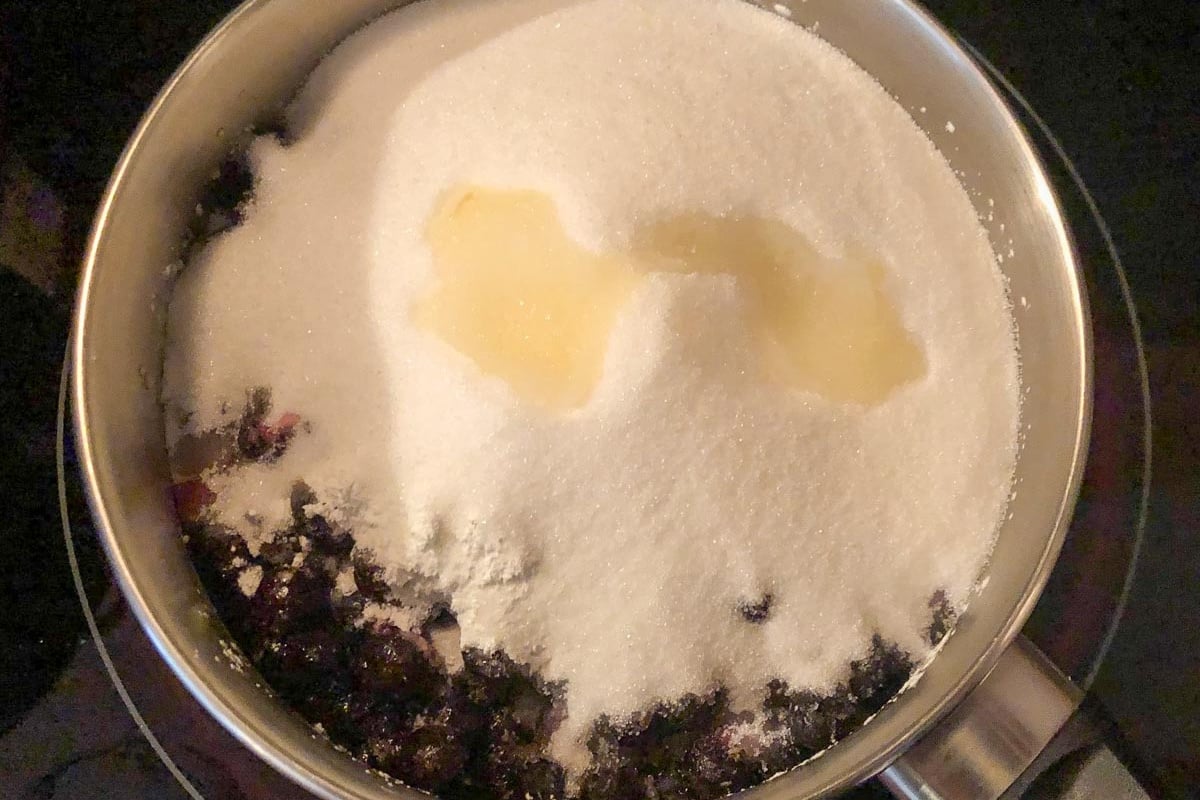ingredients in Saskatoon berry pie filling in a pot on stove